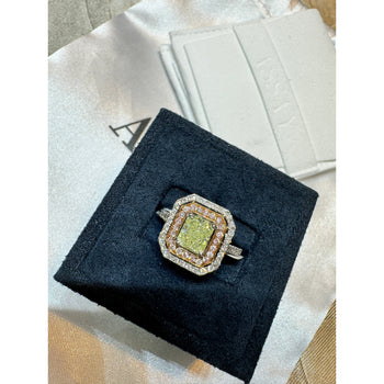 GIA Certified 1.12 carat Radiant Cut Fancy Light Green-Yellow Diamond and Diamond Halo Ring – Assay Jewelers