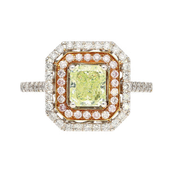 GIA Certified 1.12 carat Radiant Cut Fancy Light Green-Yellow Diamond and Diamond Halo Ring – Assay Jewelers
