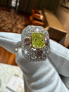 GIA Certified 1.15 Carat Radiant Cut Fancy Intense Yellowish Green Diamond Ring With Pink/White Side Stones