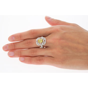 GIA Certified 1.15 Carat Radiant Cut Fancy Intense Yellowish Green Diamond Ring With Pink/White Side Stones – Assay Jewelers