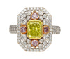 GIA Certified 1.15 Carat Radiant Cut Fancy Intense Yellowish Green Diamond Ring With Pink/White Side Stones