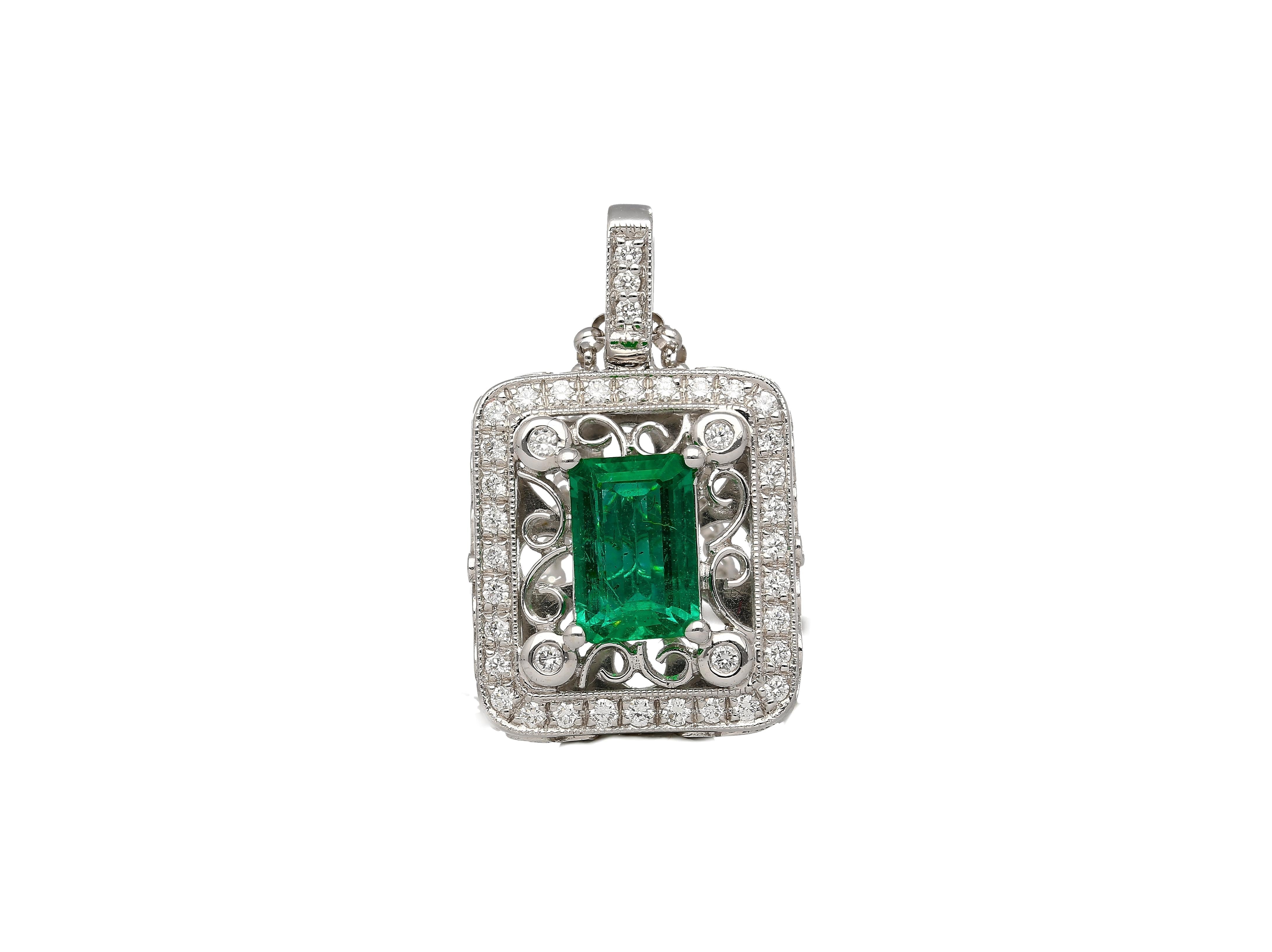 GIA Certified 1.39 Carat Zambian Emerald and Diamond Floral Box Pendant Necklace