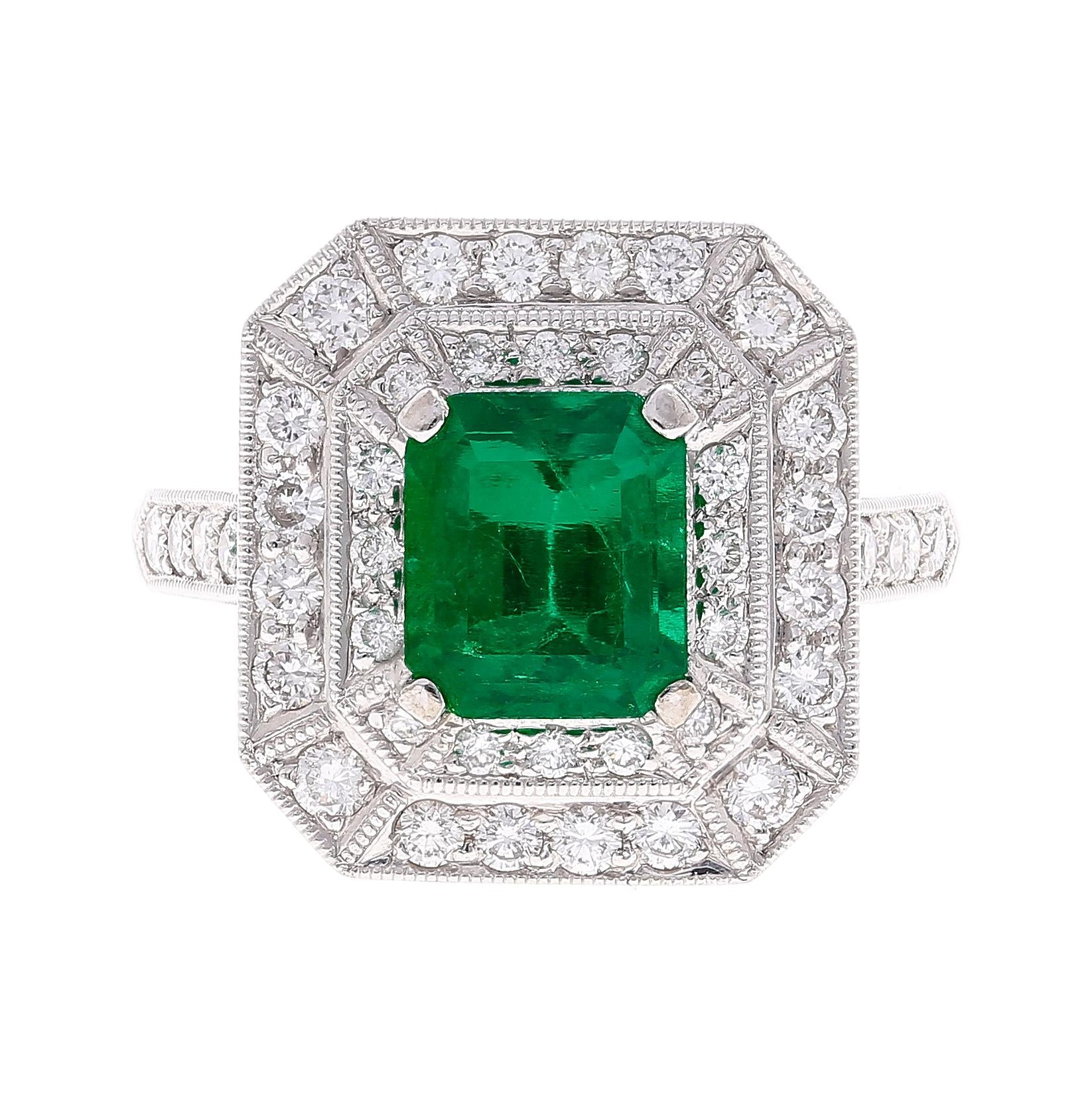 GIA Certified 1.46 Carat Colombian Emerald and Diamond Ring in 18K White Gold