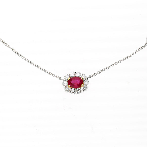 GIA Certified 1.47 Carat Ruby & Diamond Halo Floating Pendant Necklace