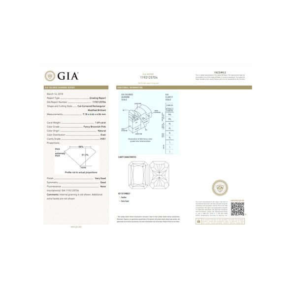 Bague de fiançailles en diamant rose brunâtre fantaisie taille radiant de 1,69 carat certifiée GIA