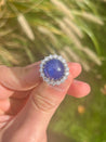 GIA Certified 25 Carat Cabochon Blue Sapphire & Diamond Halo Ring in Platinum