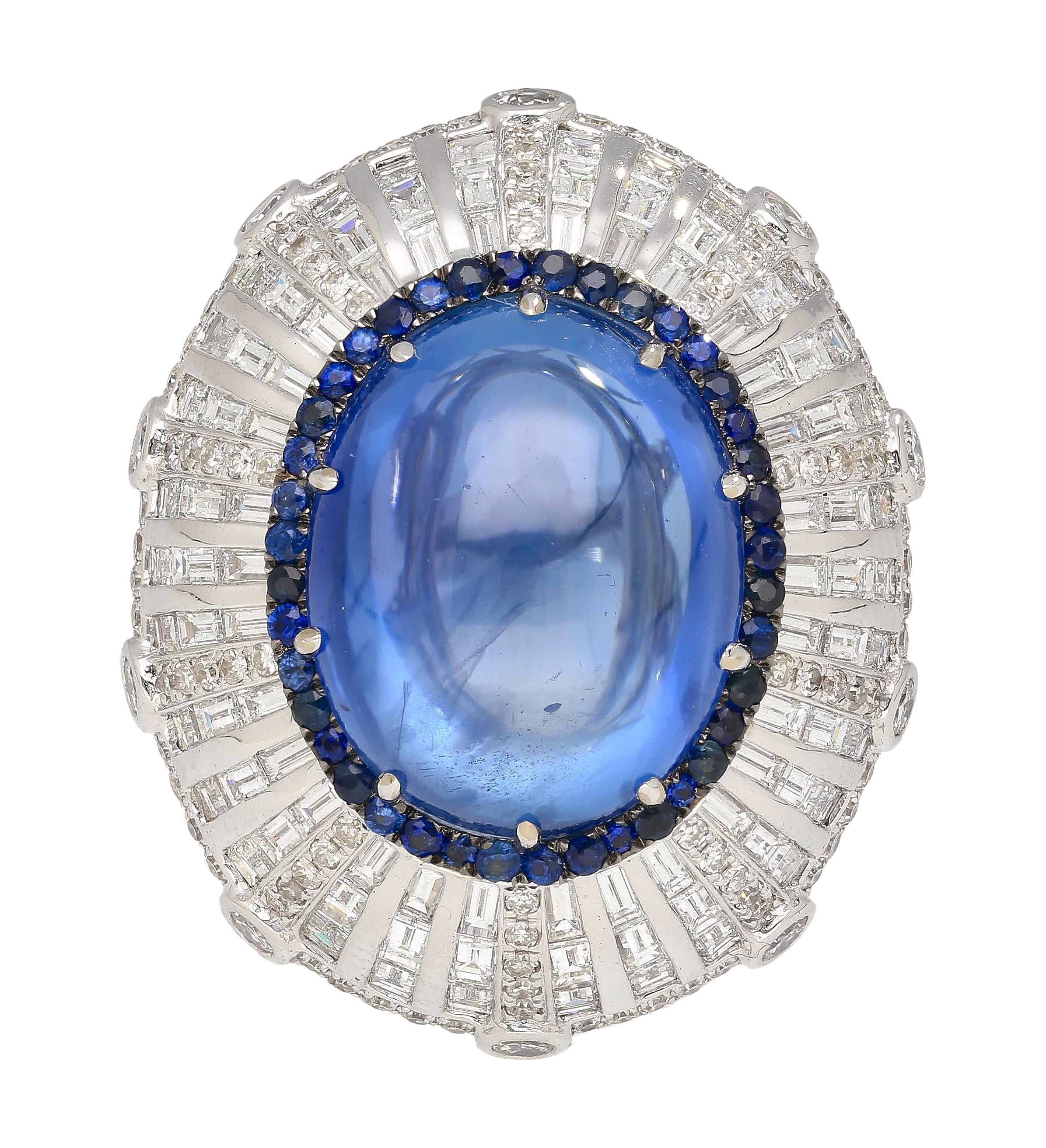 GIA Certified 26 Carat Sapphire Cabochon & Diamond Art Deco Dome 18K Ring