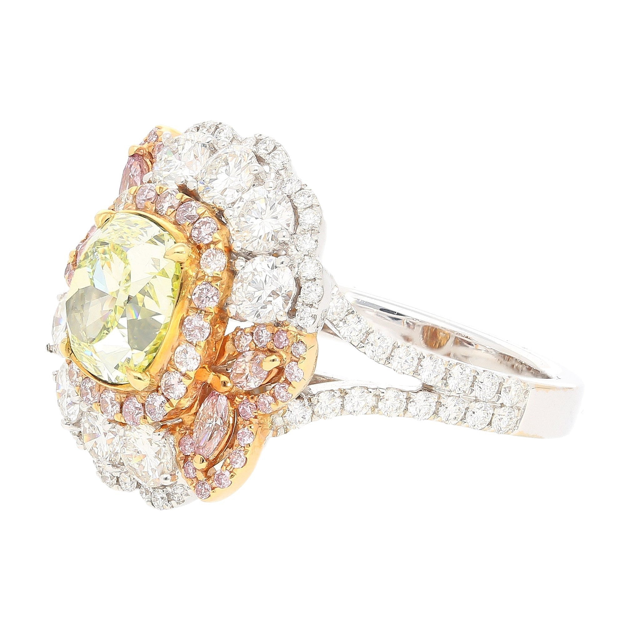 GIA Certified 2.02 Carat Cushion Cut Fancy Greenish Yellow Diamond Ring-Rings-ASSAY