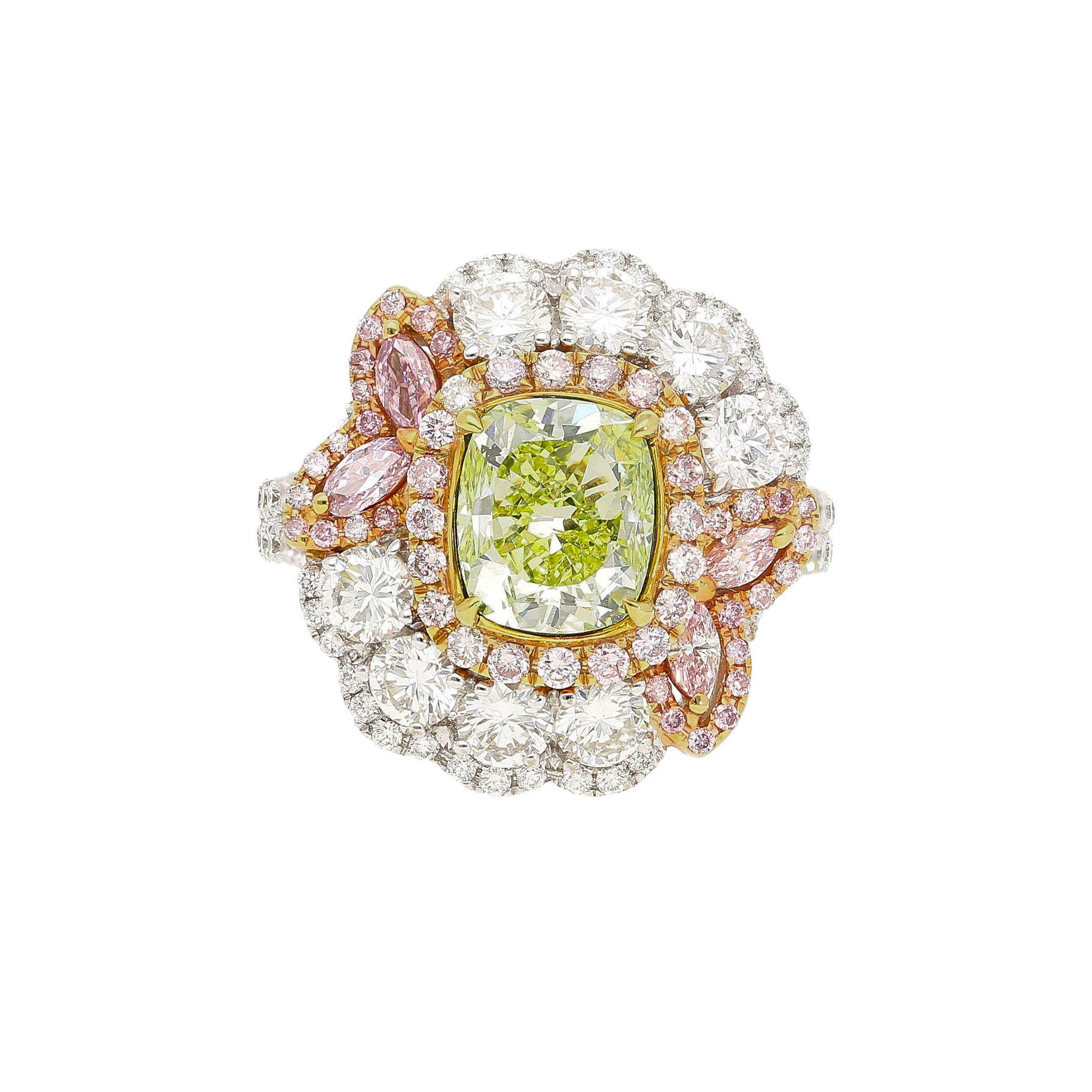 GIA Certified 2.02 Carat Cushion Cut Fancy Greenish Yellow Diamond Ring-Rings-ASSAY