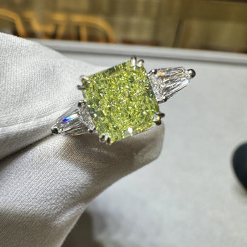 GIA Certified 2.22 Carat Fancy Yellow-Green Radiant Cut Diamond 3 Stone Ring in 18K White Gold – Assay Jewelers