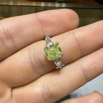 GIA Certified 2.22 Carat Fancy Yellow-Green Radiant Cut Diamond 3 Stone Ring in 18K White Gold – Assay Jewelers