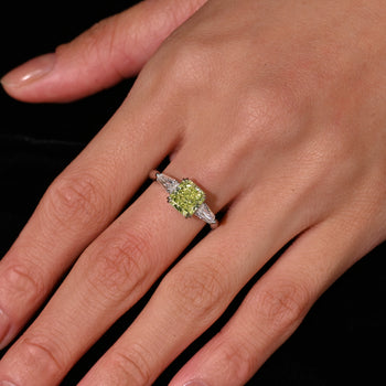 GIA Certified 2.22 Carat Fancy Yellow-Green Radiant Cut Diamond 3 Stone Ring in 18K White Gold – Assay Jewelers
