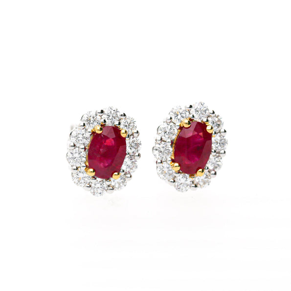 GIA Certified 2.3 Carat Oval Ruby & Round Diamond Halo 18K Stud Earrings