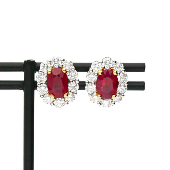 GIA Certified 2.3 Carat Oval Ruby & Round Diamond Halo 18K Stud Earrings