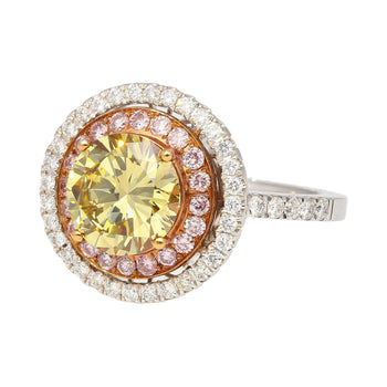 GIA Certified 2.30 Carat Fancy Brownish Greenish Yellow Diamond Round Double Halo Ring – Assay Jewelers