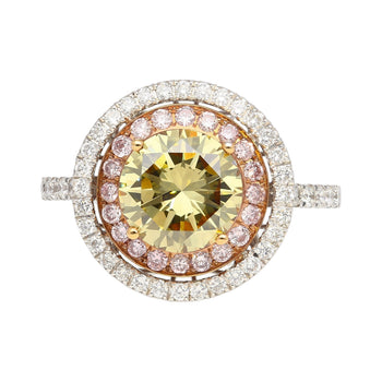 GIA Certified 2.30 Carat Fancy Brownish Greenish Yellow Diamond Round Double Halo Ring – Assay Jewelers