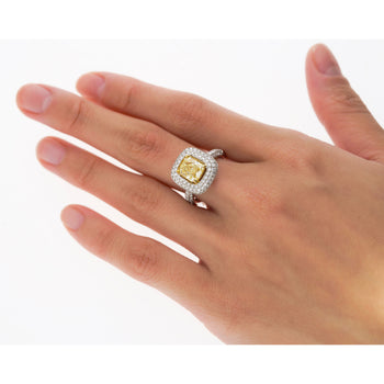 GIA Certified 2.35 Fancy Yellow Diamond Ring With 1.0 CTW Diamond Cluster in 18K White Gold – Assay Jewelers