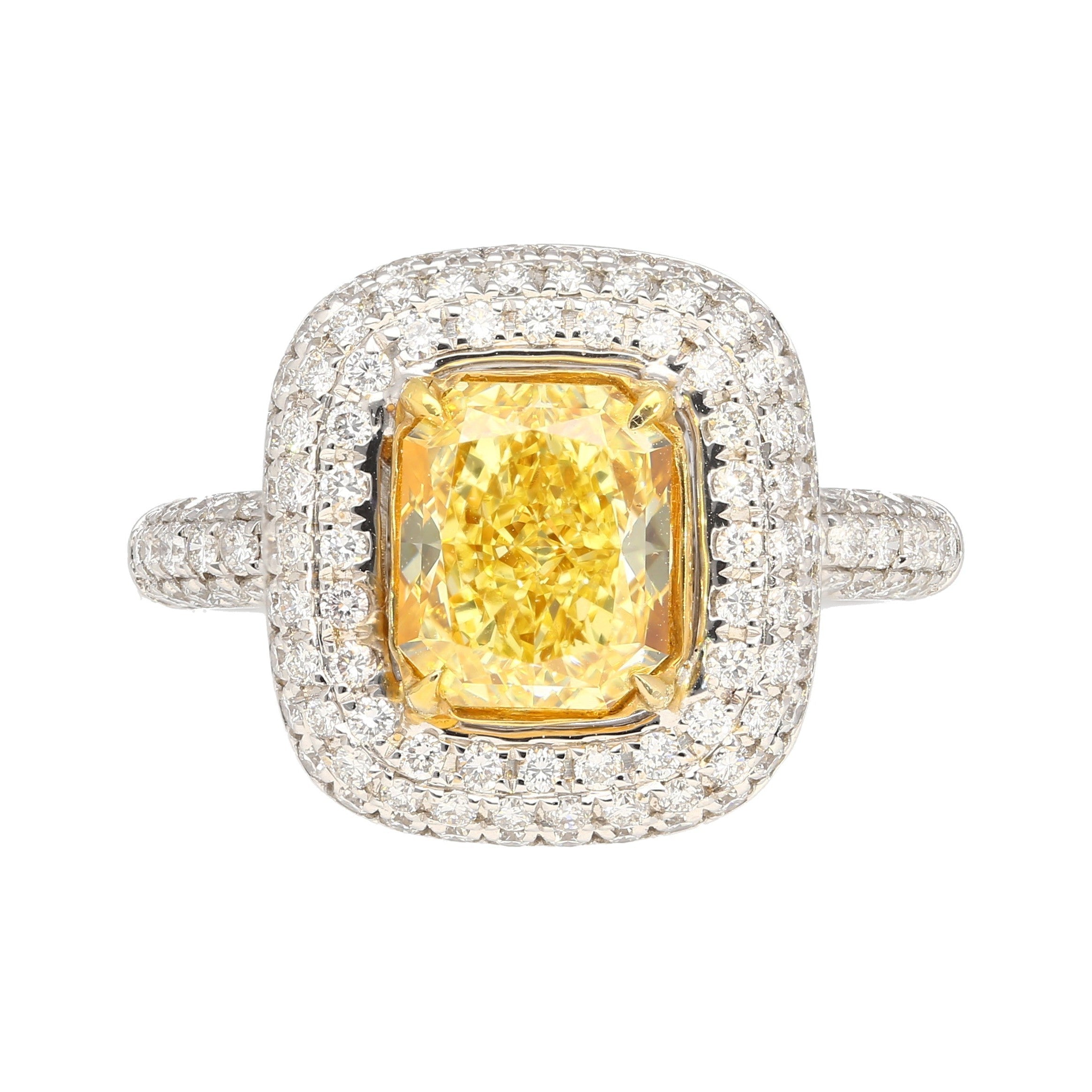 GIA Certified 2.35 Fancy Yellow Diamond Ring With 1.0 CTW Diamond Cluster in 18K White Gold-Rings-ASSAY