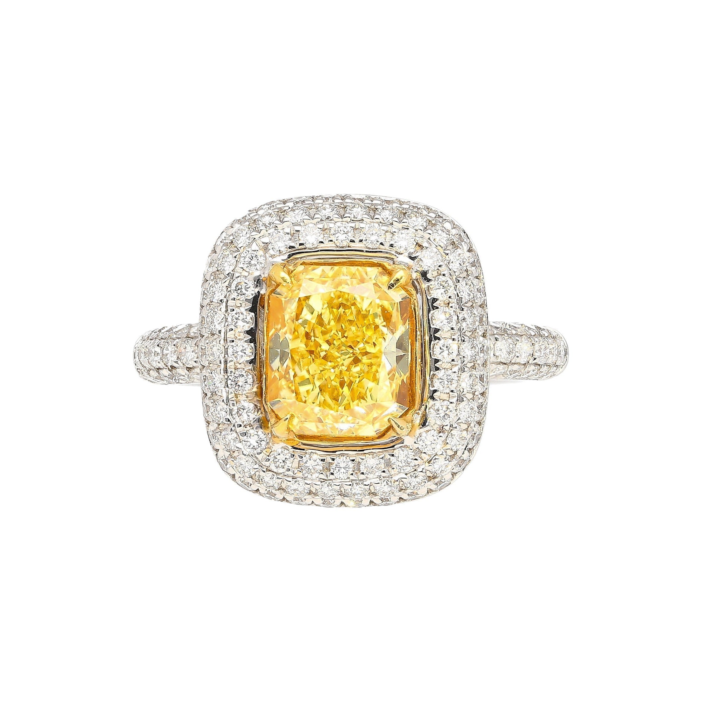 GIA Certified 2.35 Fancy Yellow Diamond Ring With 1.0 CTW Diamond Cluster in 18K White Gold-Rings-ASSAY