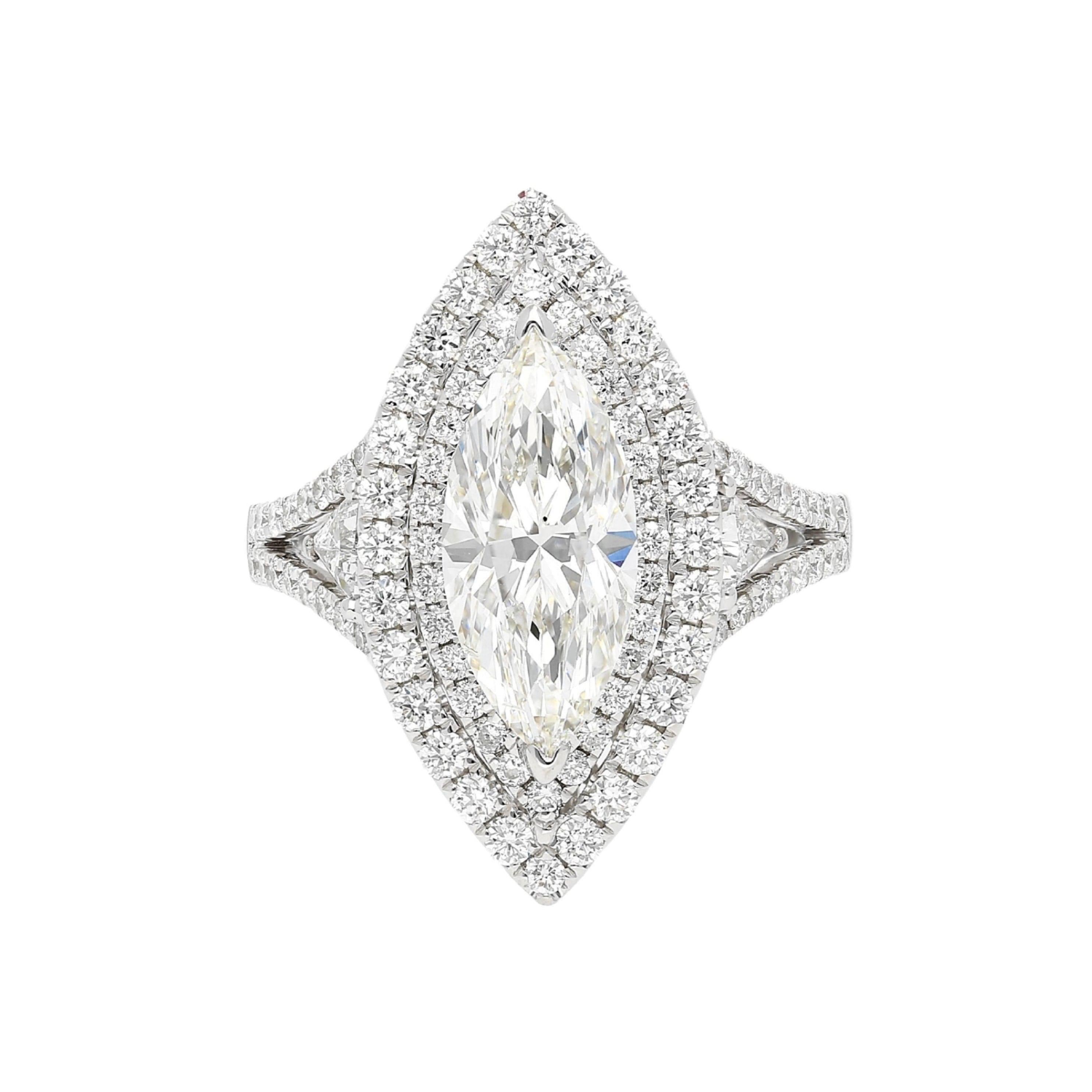 GIA Certified 2.38 Carat Marquis-Cut, H Color, Si1 Clarity Diamond set in 18k white gold and diamond halo ring - ASSAY