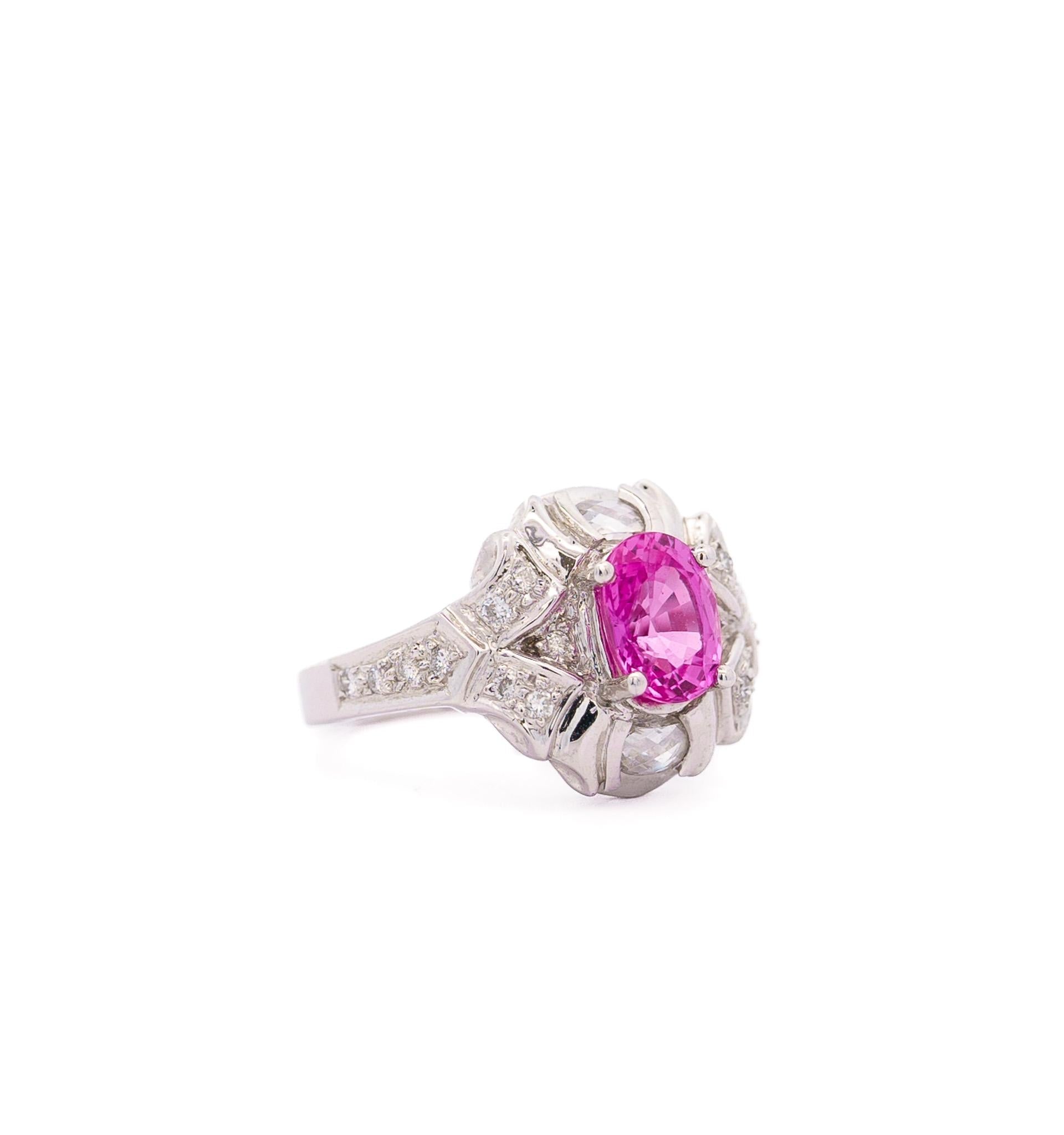 GIA Certified 2.4 Carat No Heat Pink Sapphire & Briolette Diamond Platinum Ring