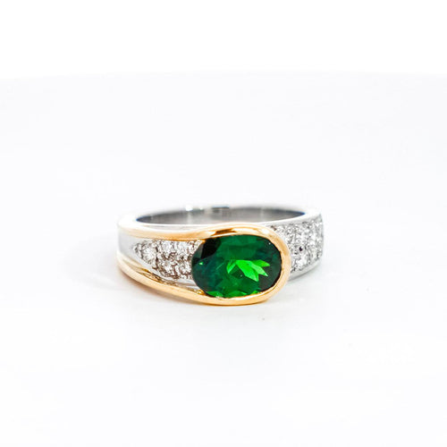 GIA Certified 2.5 Carat Oval Cut Tsavorite and Diamond Overpass Crossover Ring | Signed Richard Krementz