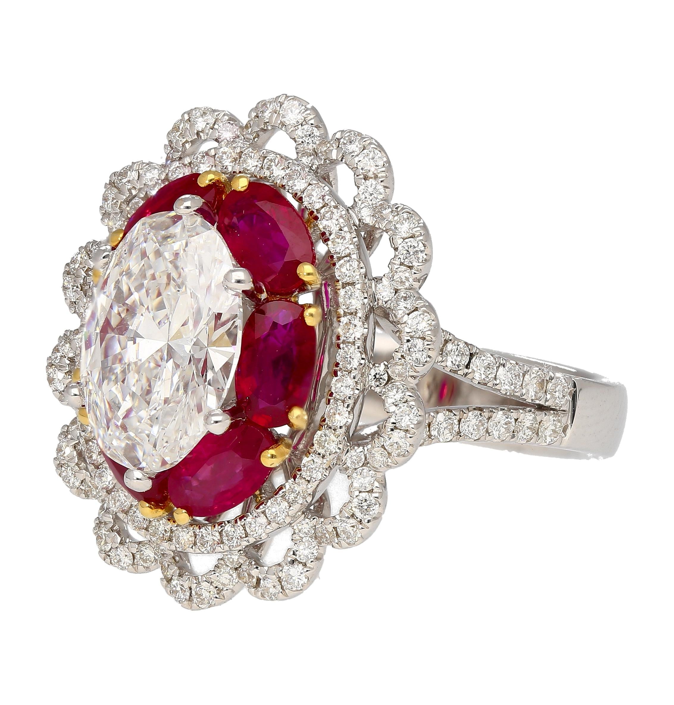 GIA Certified 2.8 Carat Oval Lab Diamond & Ruby Halo Floral 18K White Gold Ring
