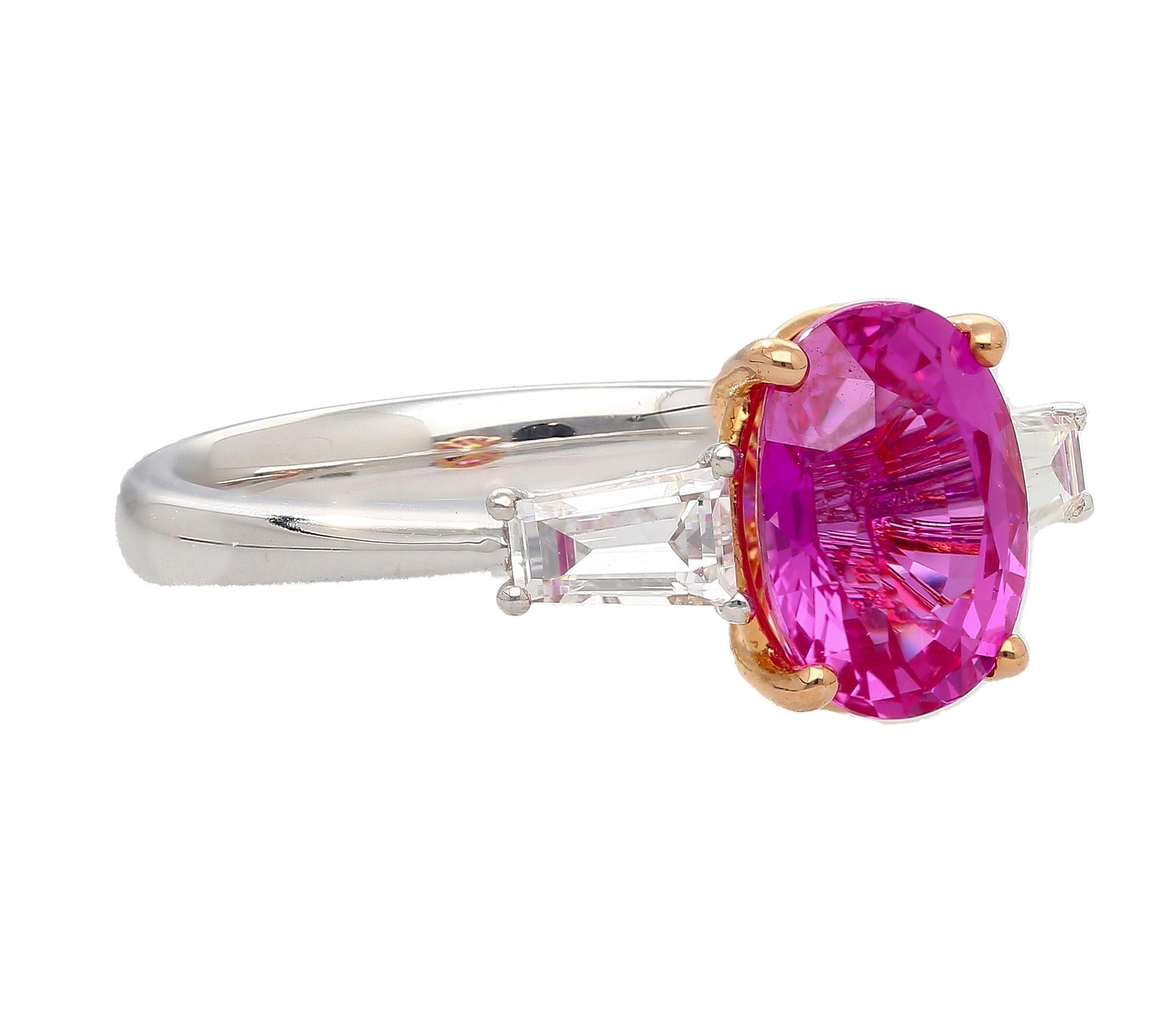 GIA Certified 3.2 Carat No Heat Pink Sapphire Oval and Diamond 3 Stone Ring