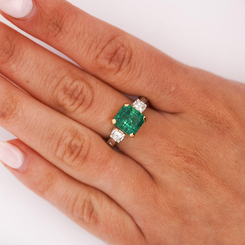 GIA Certified 3.38 Carat Colombian Emerald & Diamond Filigree Three Stone Ring