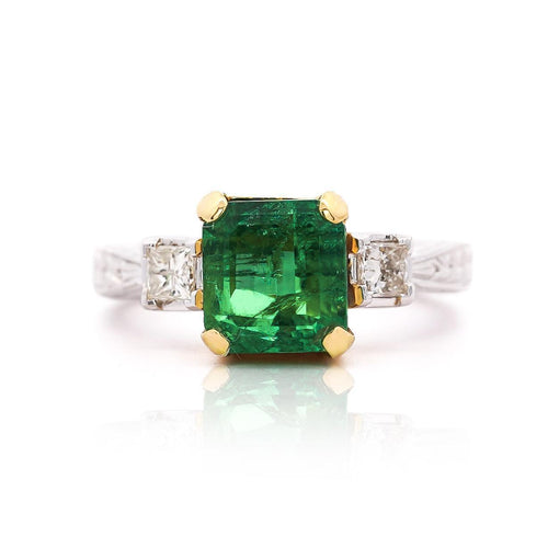 GIA Certified 3.38 Carat Colombian Emerald & Diamond Filigree Three Stone Ring