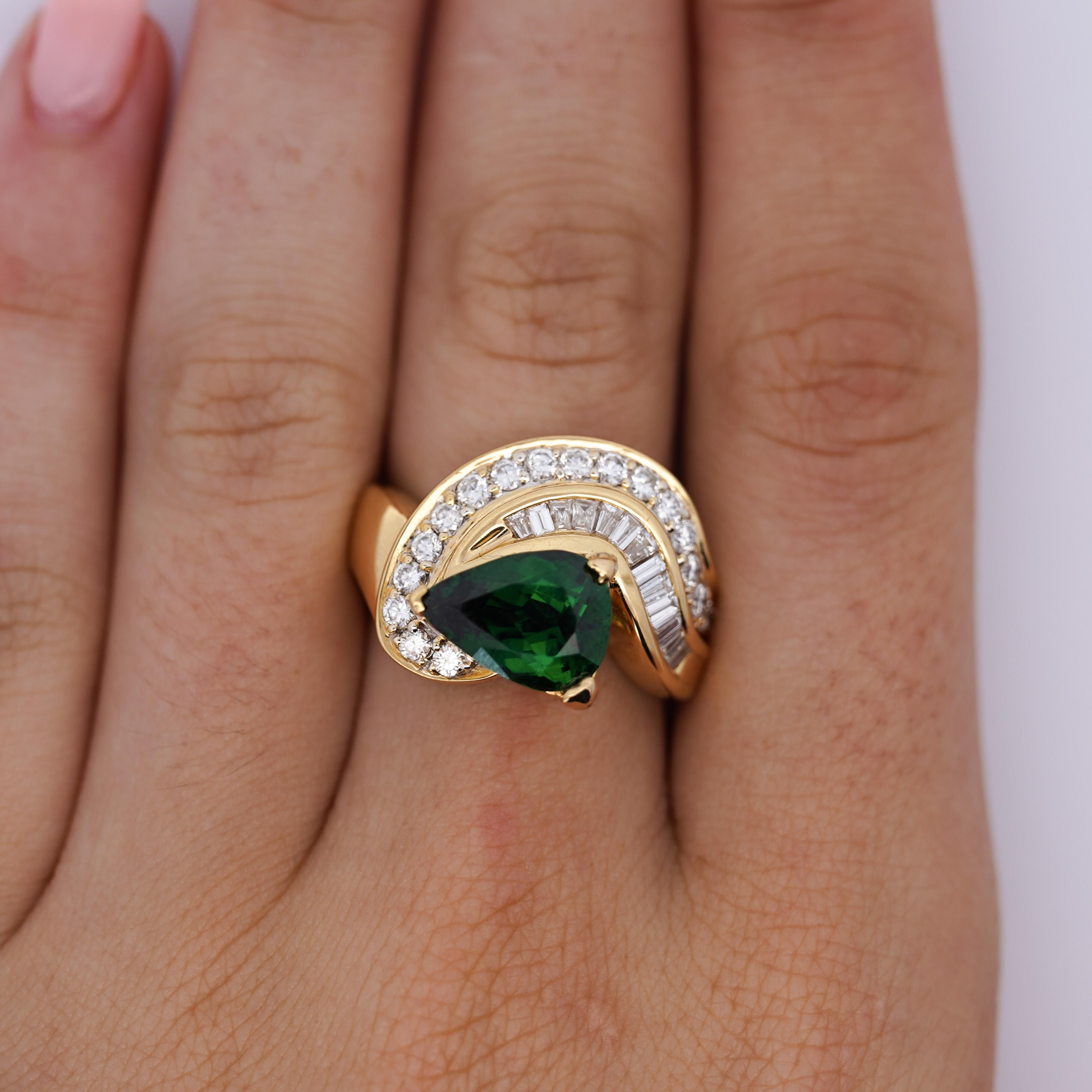 GIA Certified 3.55 Carat Pear Cut Tsavorite and Diamond in 18K Cocktail Ring