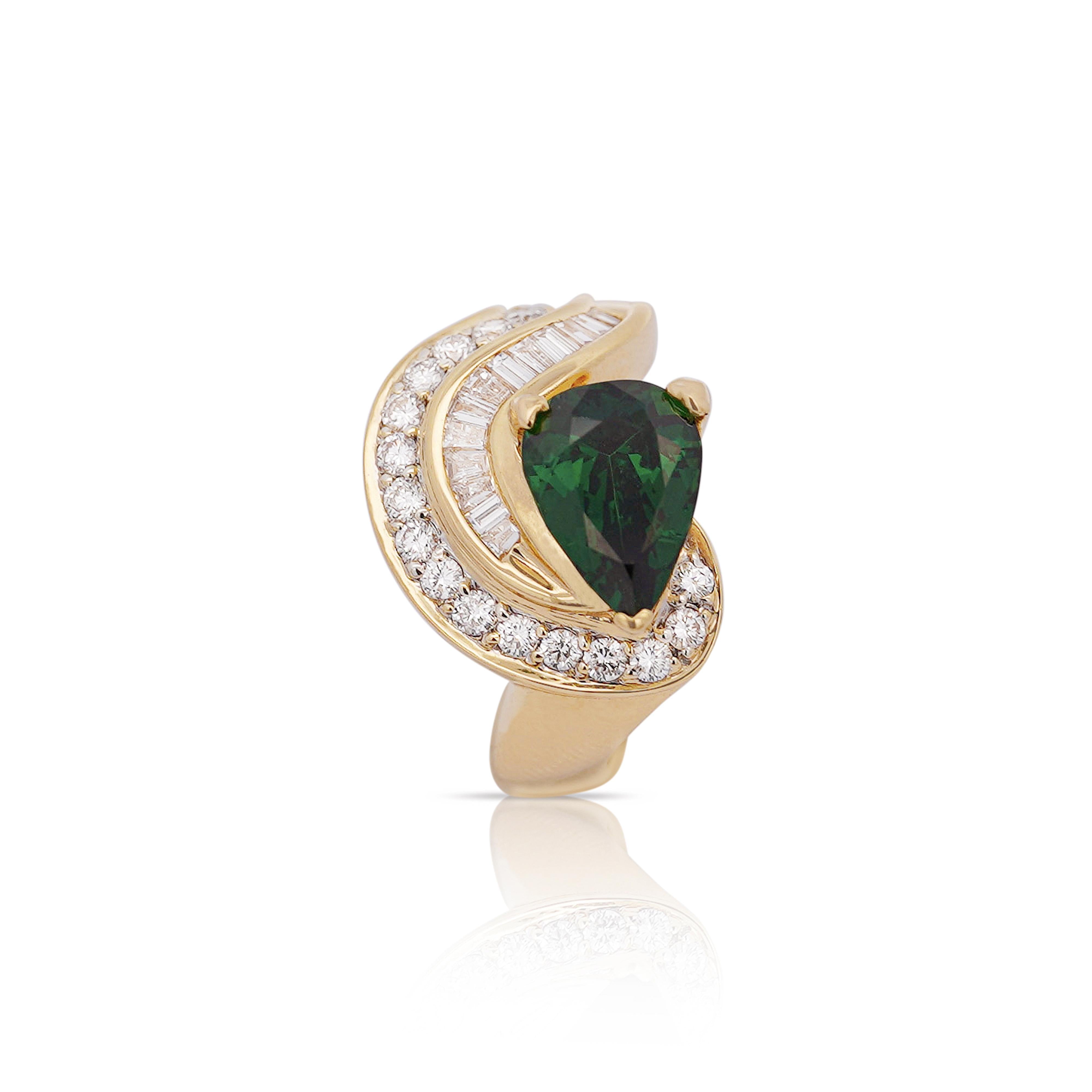 GIA Certified 3.55 Carat Pear Cut Tsavorite and Diamond in 18K Cocktail Ring