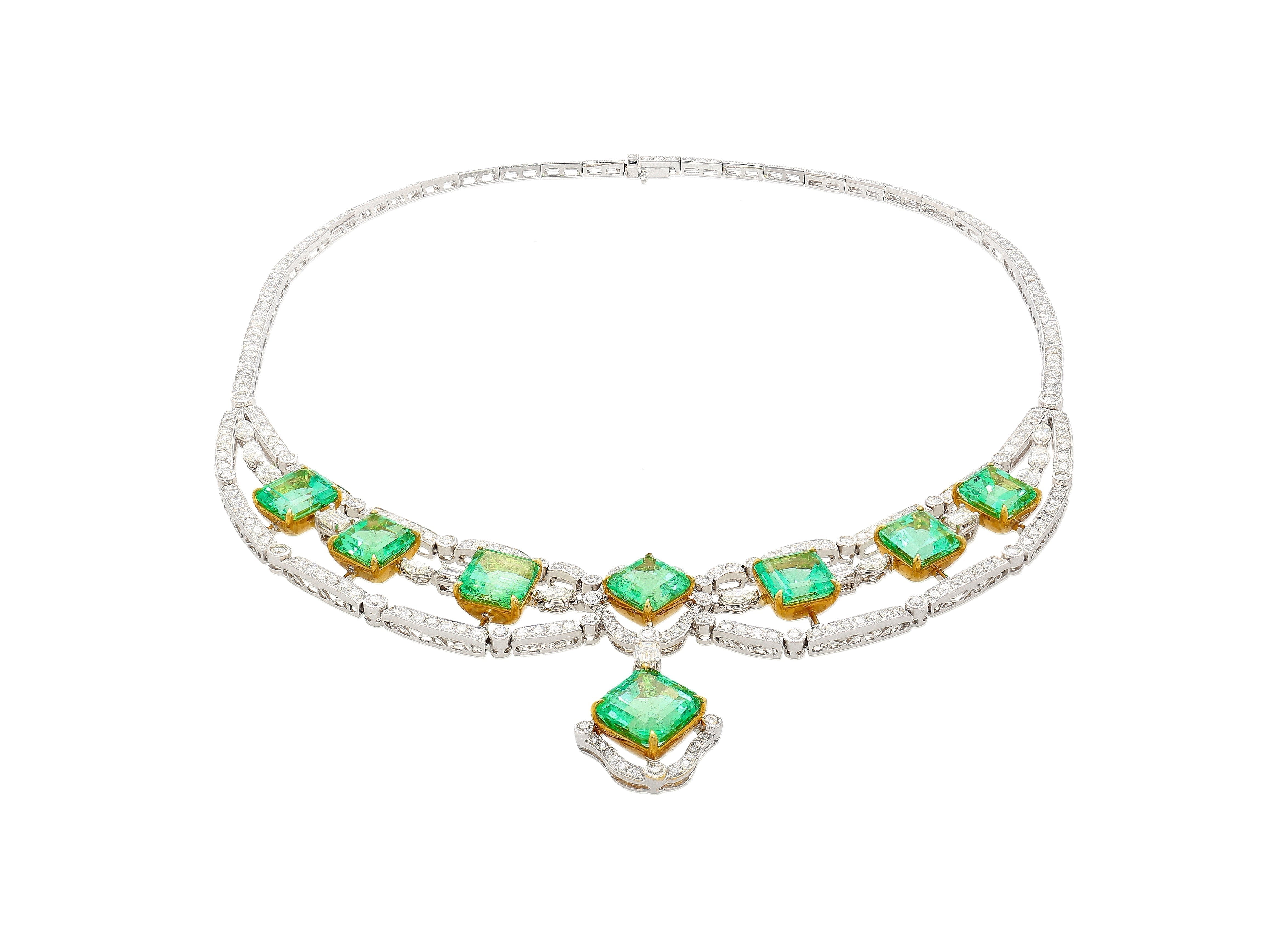 GIA Certified 6.21 Carat Emerald and 30.38 Carat Emerald With 9.86 Carat Diamonds Chandelier Necklace-Necklace-ASSAY