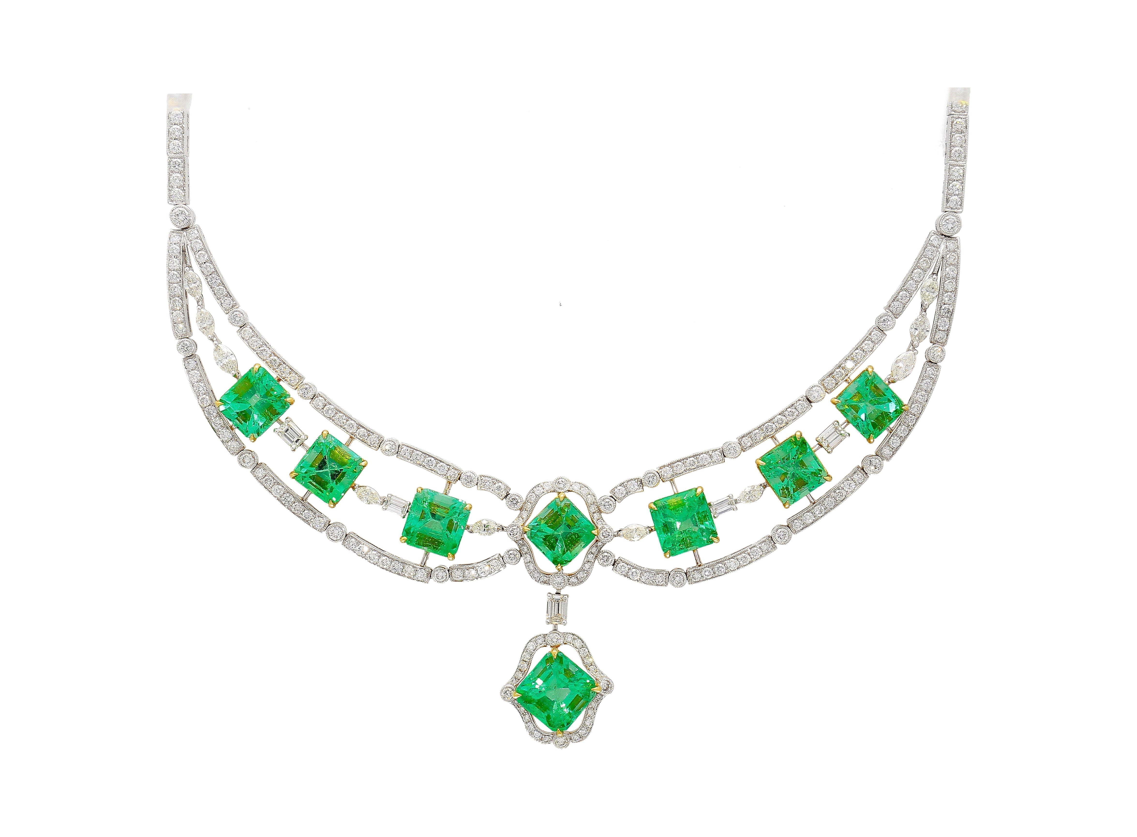 GIA Certified 6.21 Carat Emerald and 30.38 Carat Emerald With 9.86 Carat Diamonds Chandelier Necklace-Necklace-ASSAY