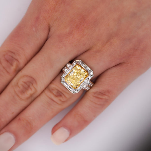 GIA Certified 4.12 Carat Fancy Yellow VS1 Radiant Diamond Halo Engagement Ring