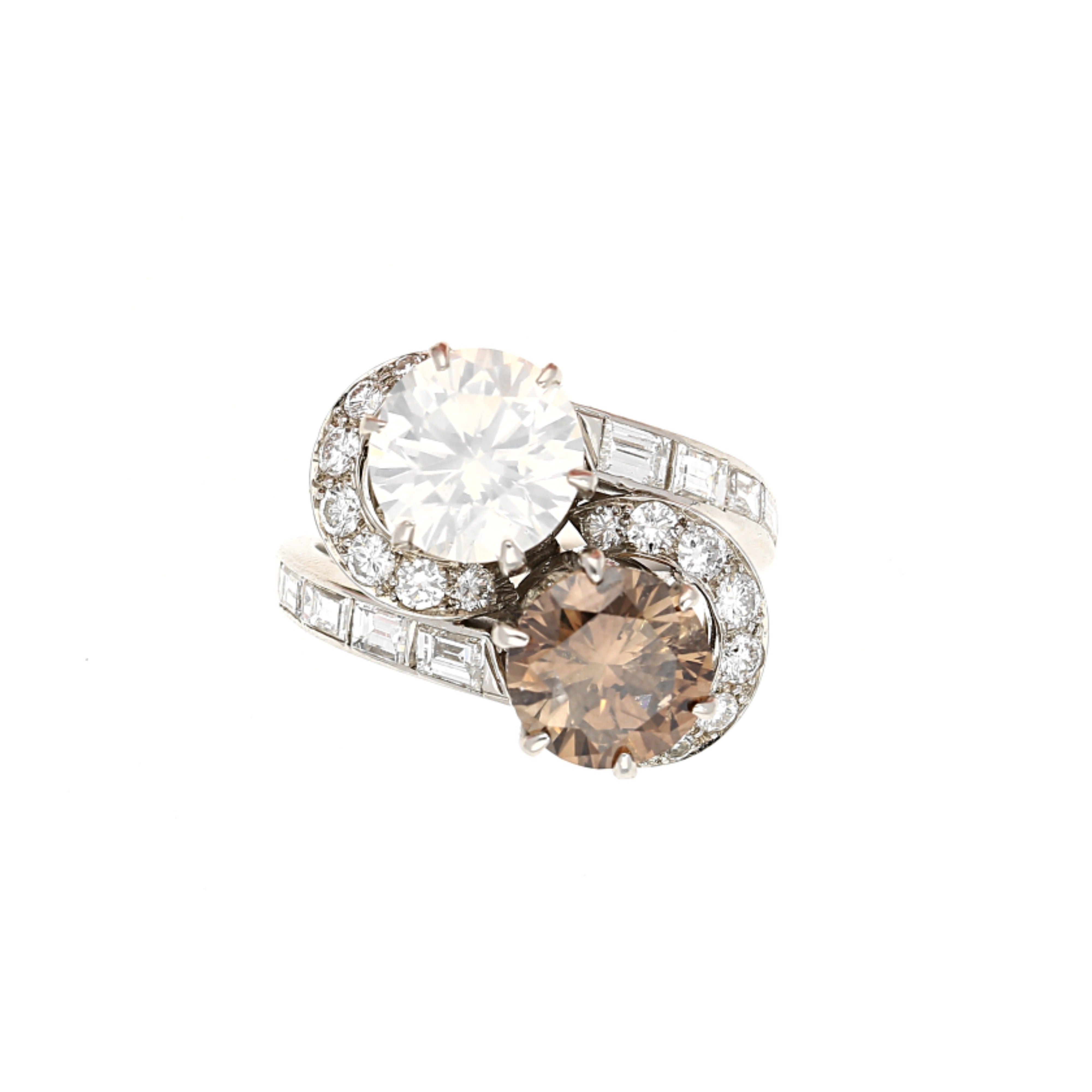 GIA Certified 4.75 Carat TW Fancy Brown and White Diamond Toi Et Moi Bypass Ring in Platinum-Rings-ASSAY