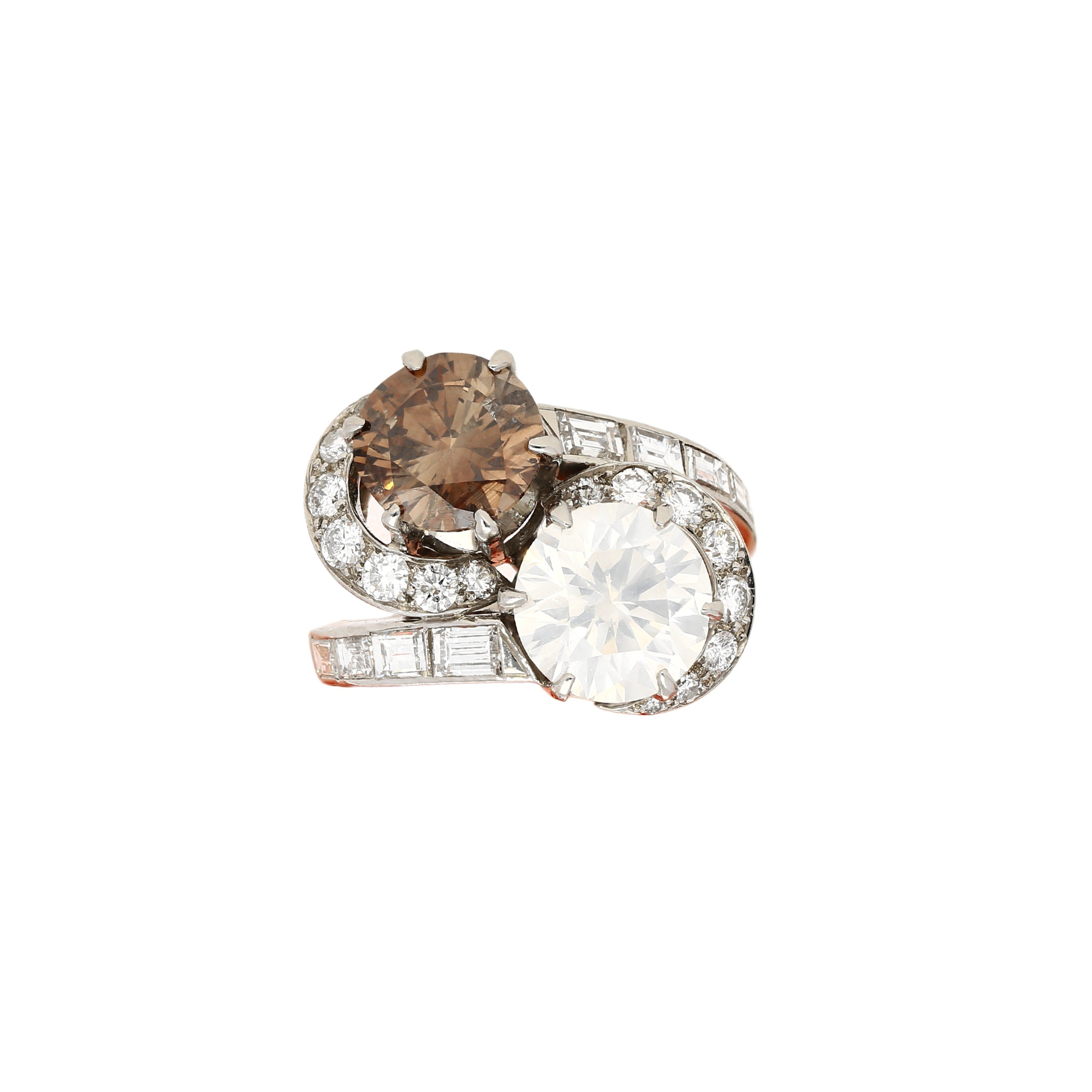 GIA Certified 4.75 Carat TW Fancy Brown and White Diamond Toi Et Moi Bypass Ring in Platinum-Rings-ASSAY