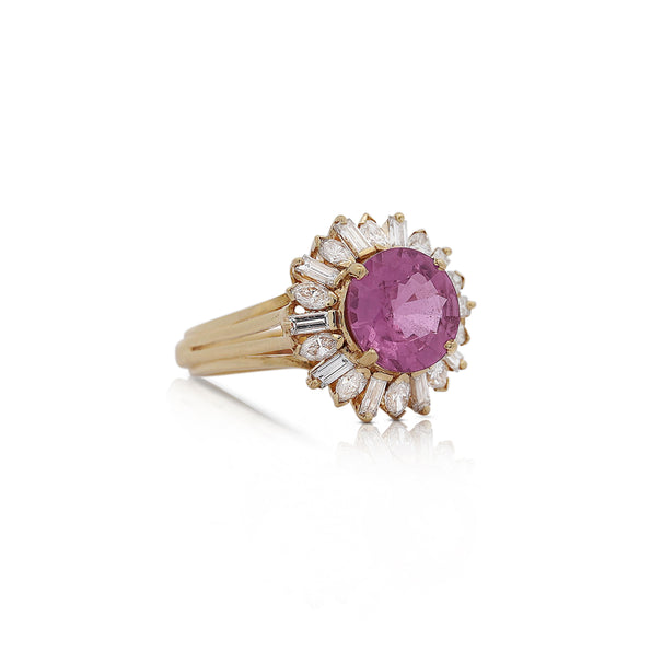 GIA Certified 4.8 Carat Oval Pink Sapphire & Diamond 18K Gold Starburst Ring