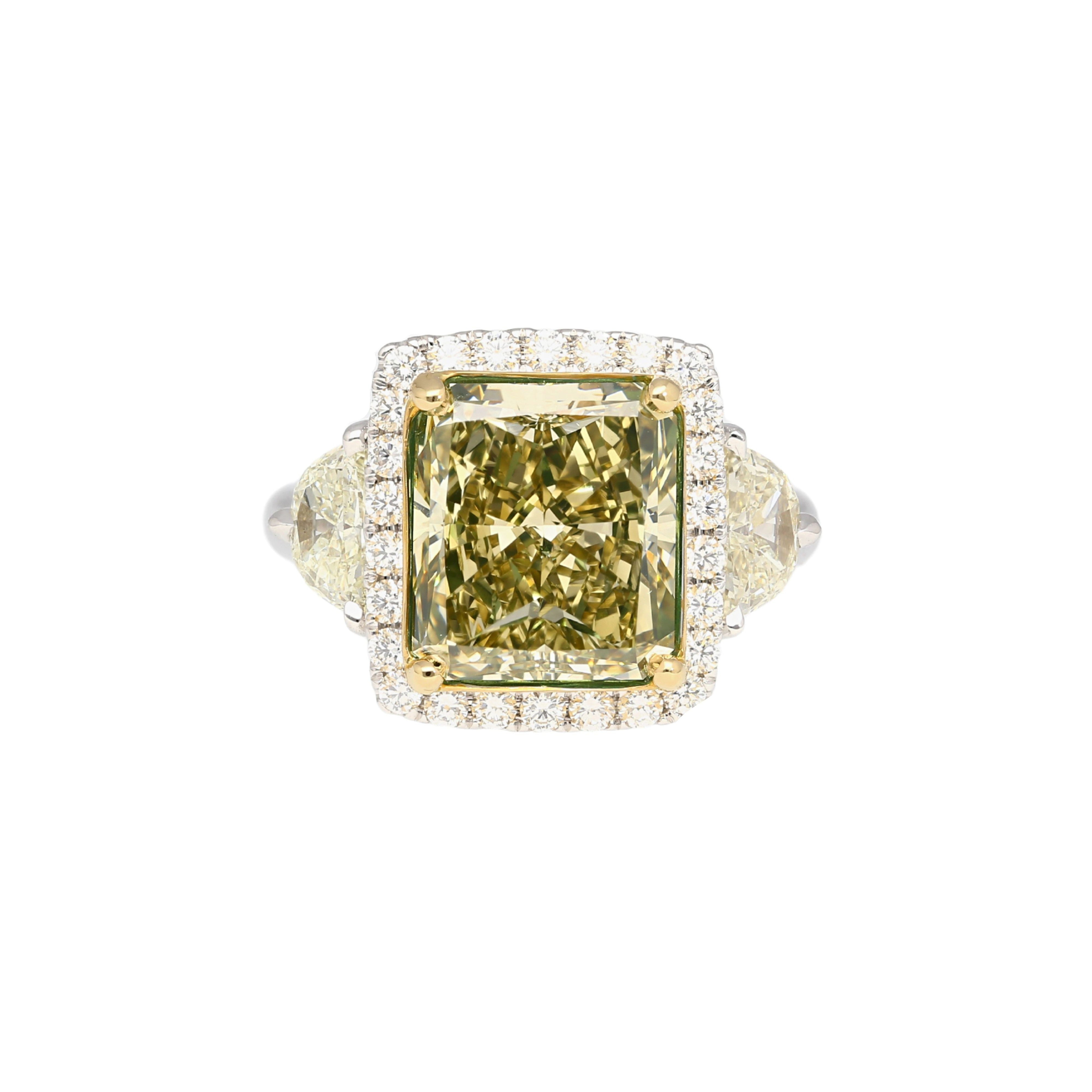 GIA Certified 6.07 Carat Radiant Cut Fancy Brownish Greenish Yellow Diamond Ring-Rings-ASSAY