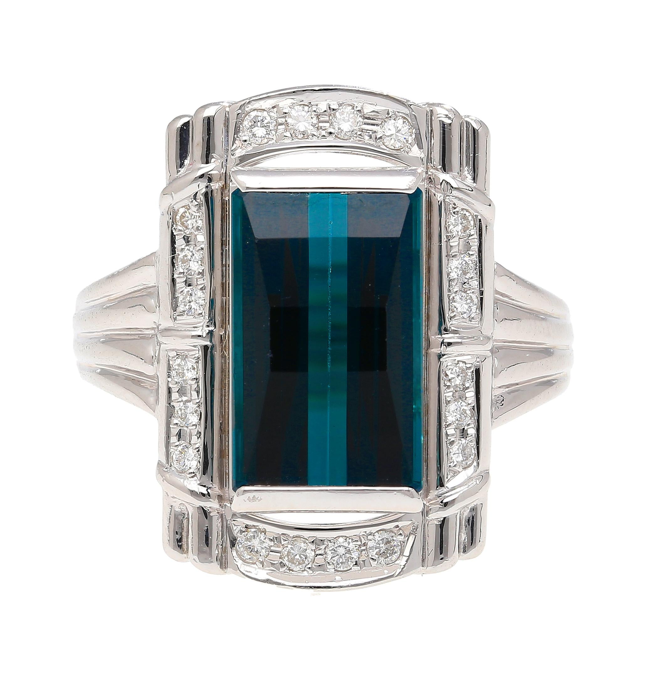 GIA Certified 6.40 Carat Blue Indicolite Tourmaline Vintage Retro Platinum Ring