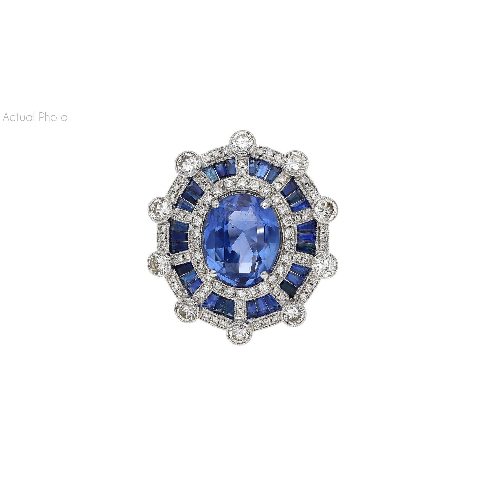 GIA Certified 8.46 Carat No Heat Blue Sapphire Art Deco Ring