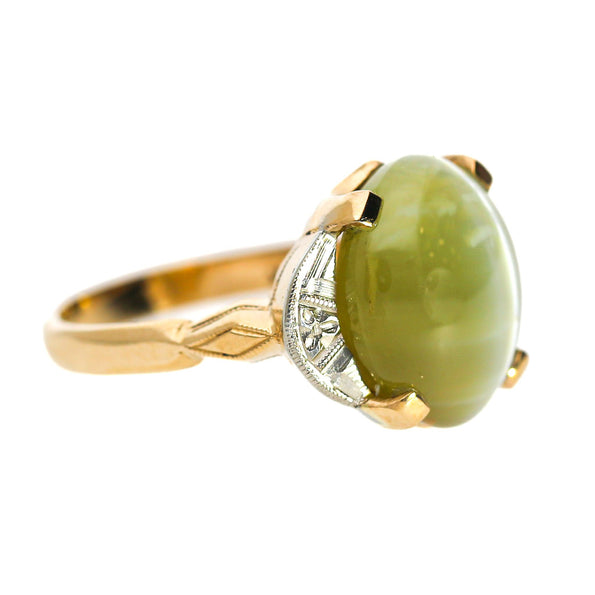 GIA Certified 9.46 Carat Green Cats Eye Chrysoberyl 14K Gold Art Deco Ring