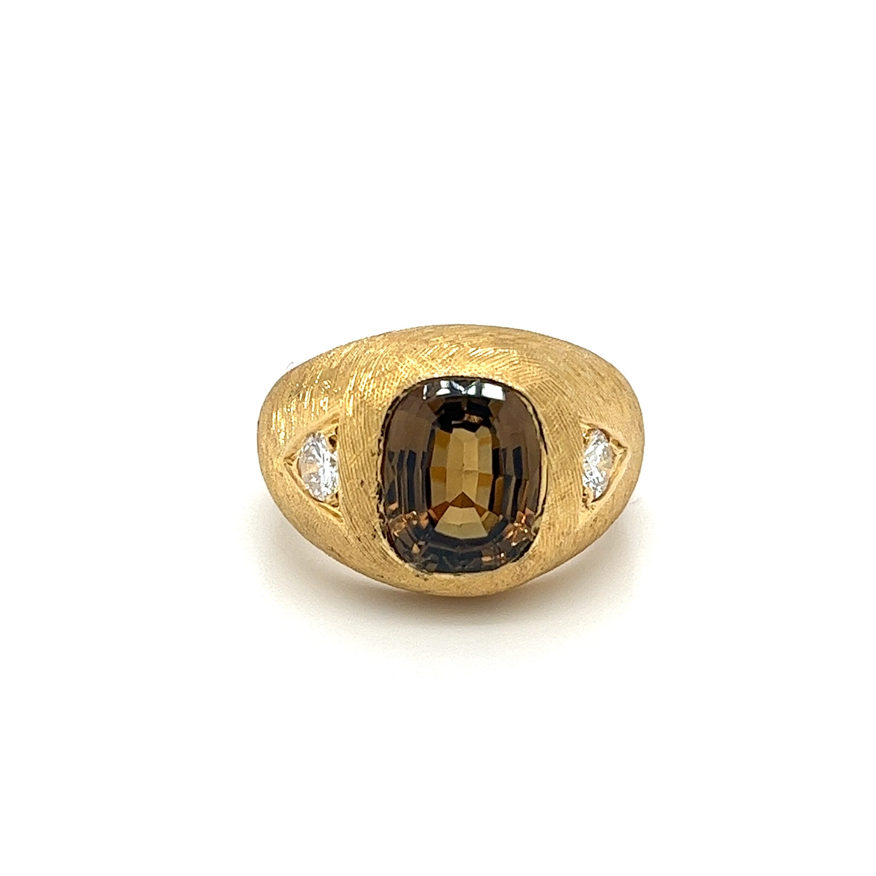 GIA Certified Cushion Cut Brown Chrysoberyl Mens Ring With Matte Textured Gold Finish and Diamond Side Stones-Rings-ASSAY