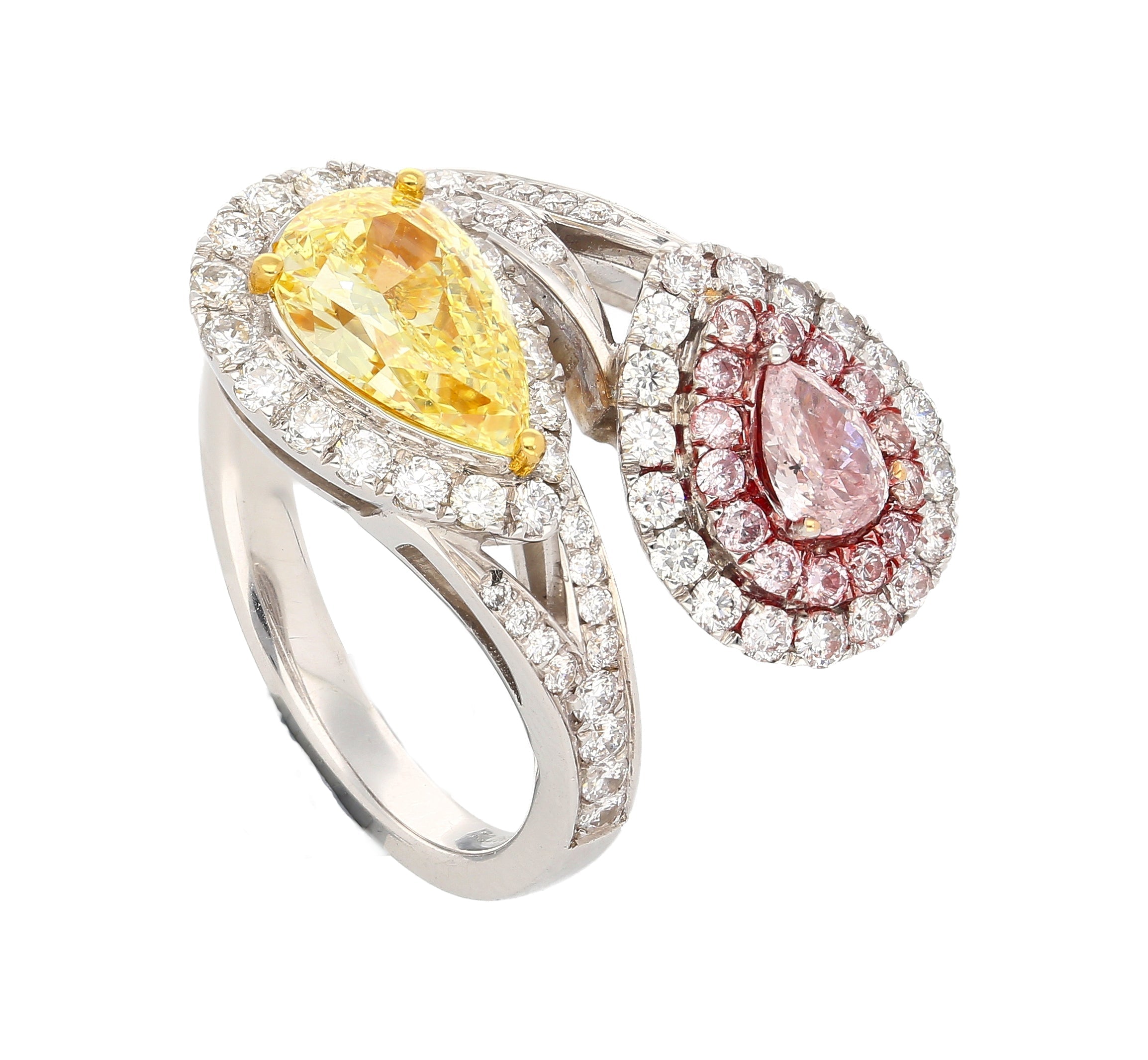 GIA Certified Fancy Intense Yellow & Fancy Light Pink Diamond Toi Et Moi Ring in 18K White Gold-Rings-ASSAY