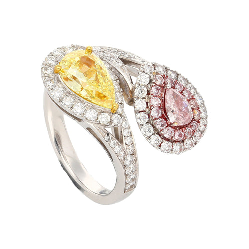 GIA Certified Fancy Intense Yellow & Fancy Light Pink Diamond Toi Et Moi Ring in 18K White Gold