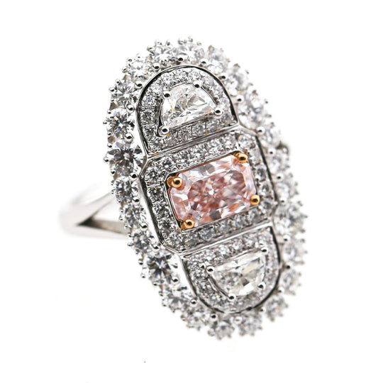 GIA Certified Fancy Light Pink Diamond Elongated Halo Cluster Ring