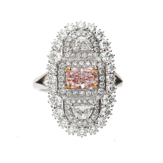 GIA Certified Fancy Light Pink Diamond Elongated Halo Cluster Ring