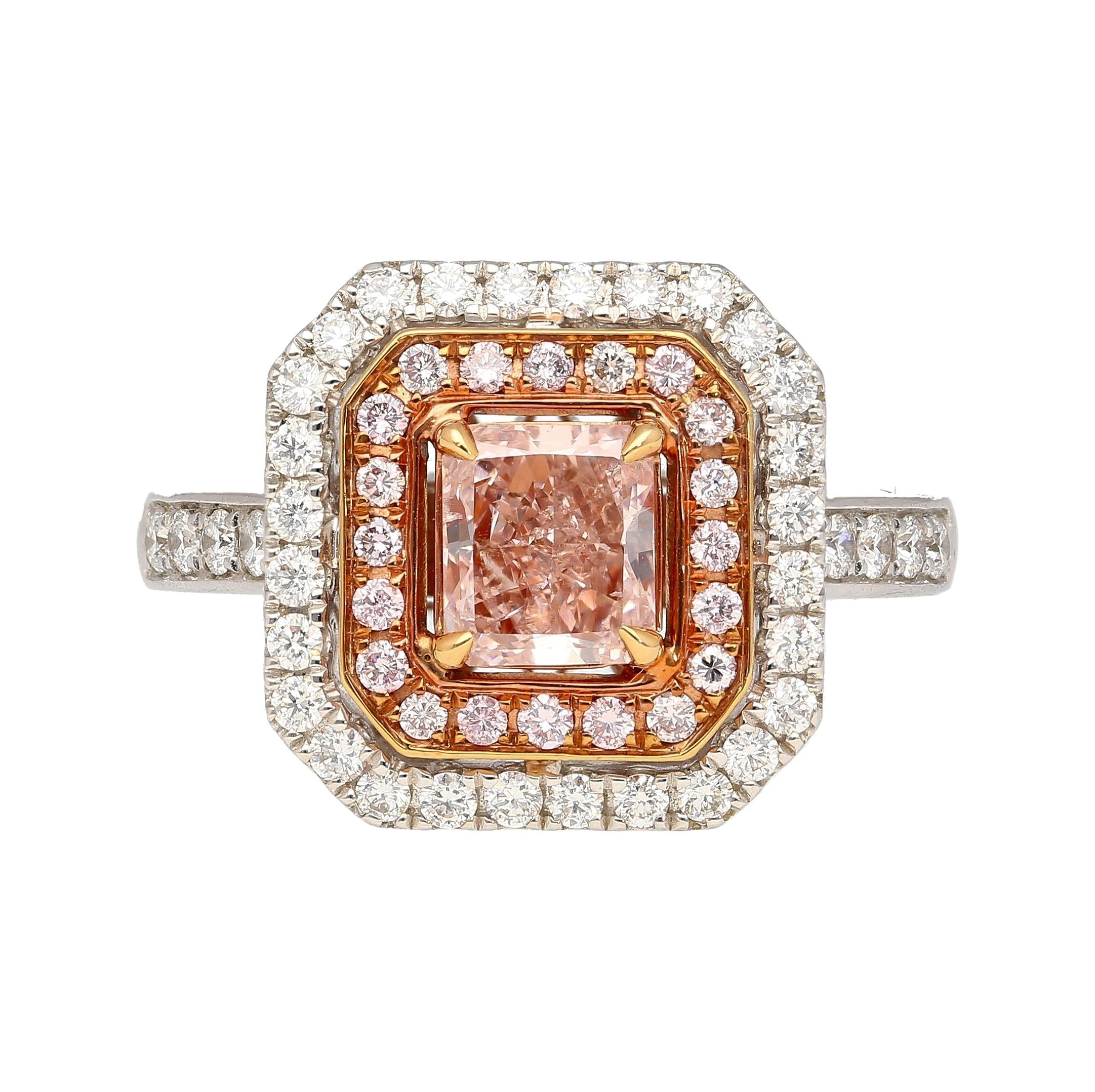 GIA Certified Fancy Orangy Pink Diamond Double Halo 18K White Gold Ring