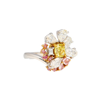 GIA Certified Fancy Yellow Cushion Cut Diamond with Pink and White Diamond Side Stones in Platinum 950 & 18K White Gold – Assay Jewelers