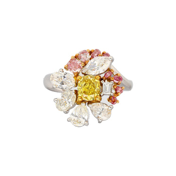 GIA Certified Fancy Yellow Cushion Cut Diamond with Pink and White Diamond Side Stones in Platinum 950 & 18K White Gold – Assay Jewelers